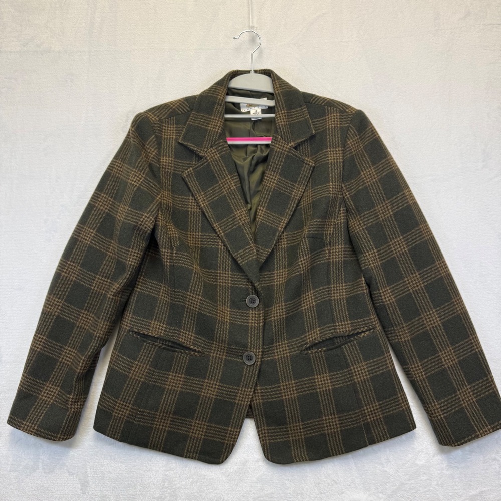 Talbots Petites Wool Blend Plaid Blazer Jacket Green Brown Size 12 Made in USA
